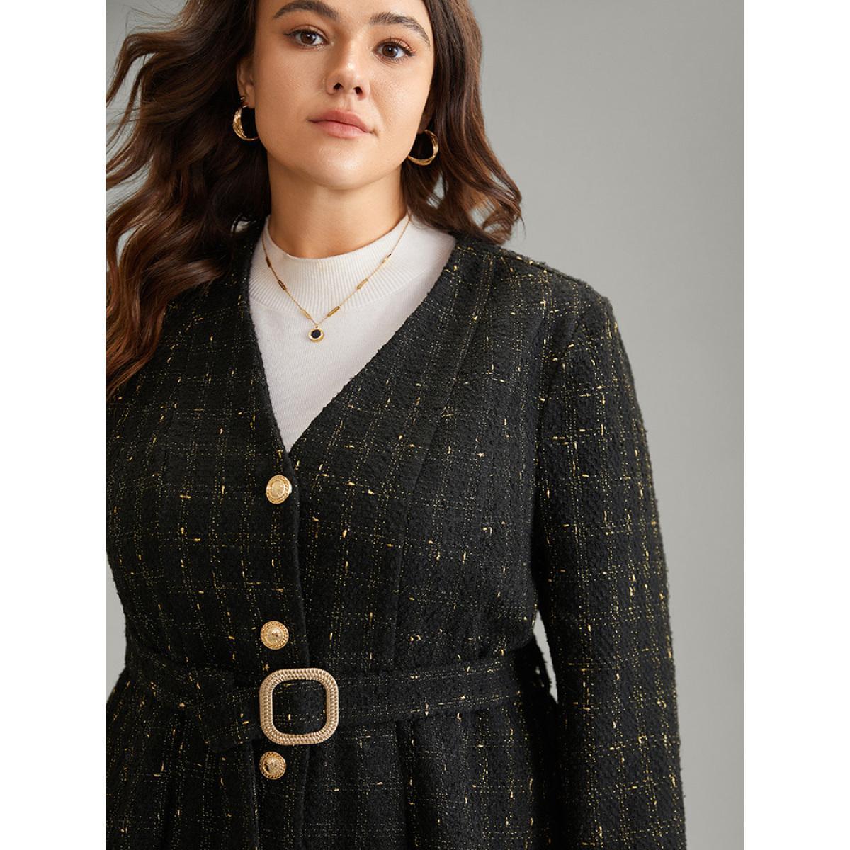 Plus Size Tweed Metal Detail Belted V Neck Blazer Black Women Dailywear Plain Sleeve Long Sleeve V-neck 14-16/1X Pocket Belt Elegant Blazers BloomChic Product Image