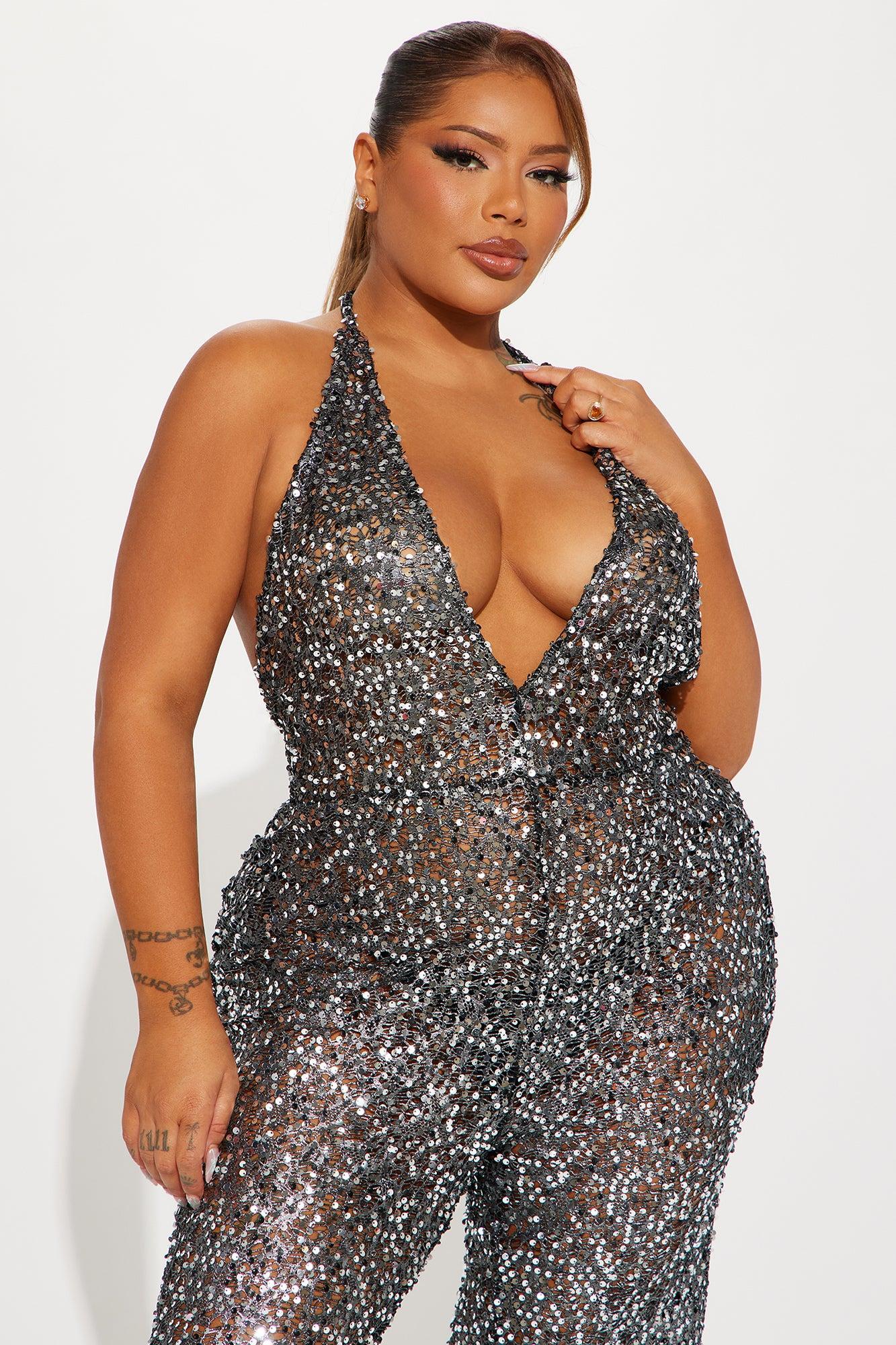 Serafina Sequin Crochet Cover Up Jumpsuit - Silver Product Image