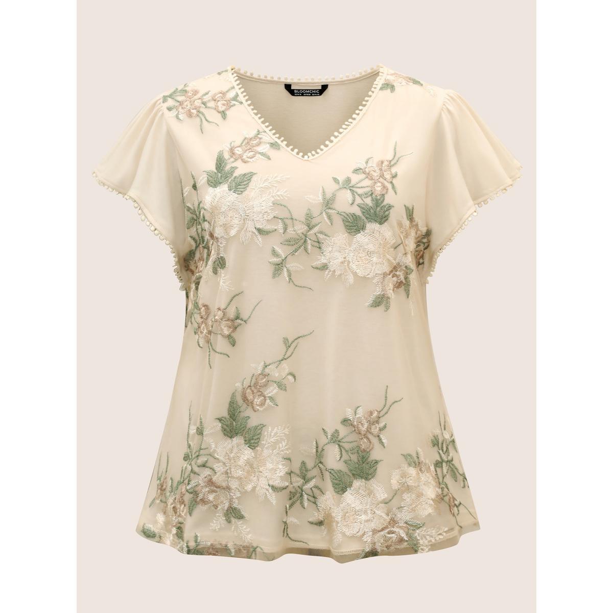 Plus Size Floral Mesh Embroidered Pompom Trim T-shirt Beige Women Elegant Contrast Natural Flowers V-neck Everyday T-shirts BloomChic 22-24/3X Product Image