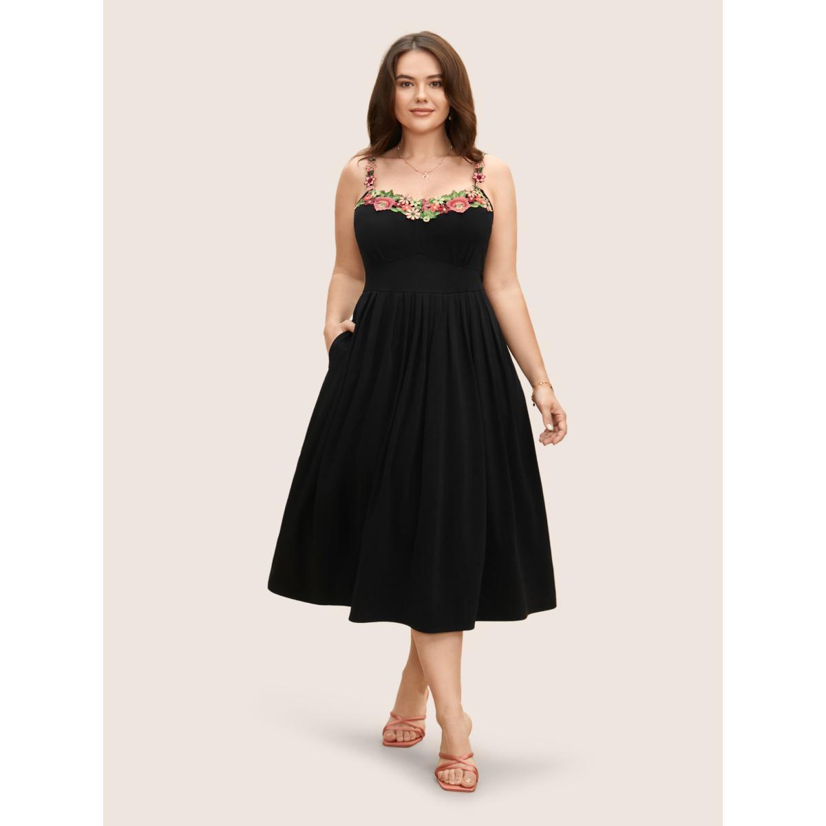 Plus Size Floral Embroidered Pocket Midi Cami Dress Black Women Elegant Embroidered Heart neckline Sleeveless Curvy BloomChic 14-16/1X Product Image