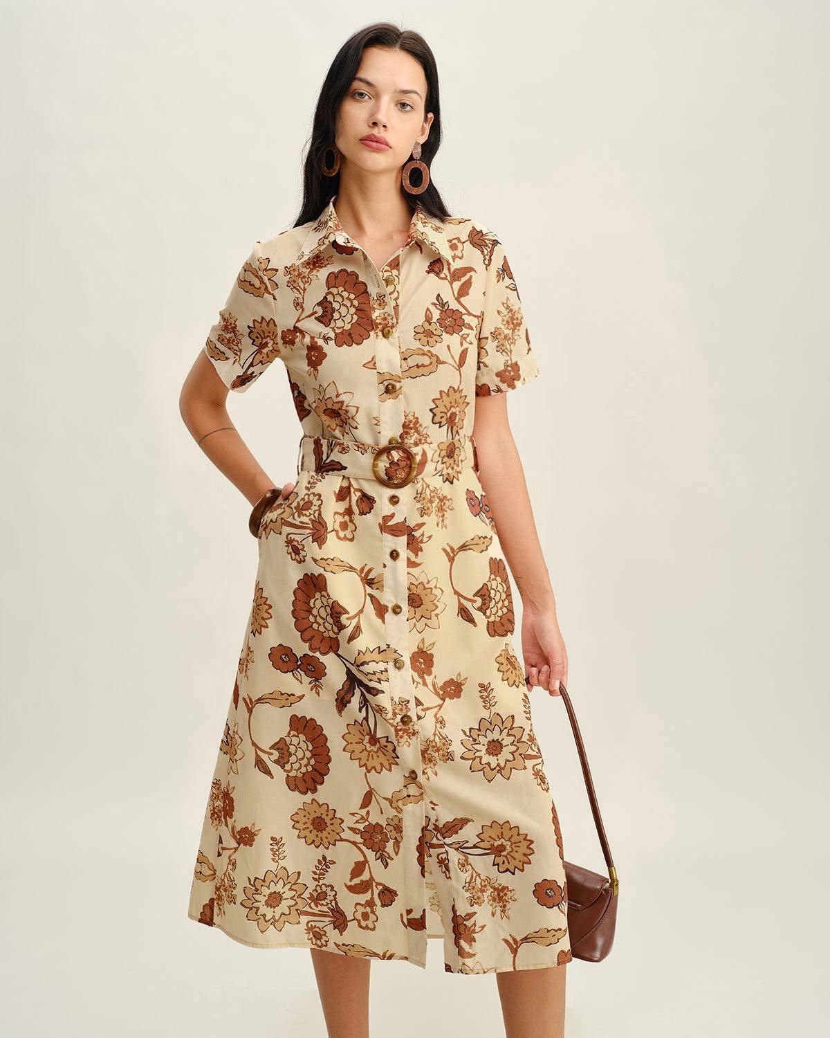 Brown Floral Belted Midi Dress Product Image