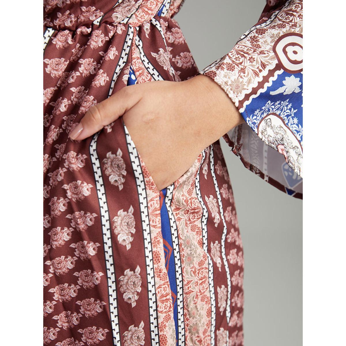 Plus Size Boho Print Keyhole Split Hem Pocket Dress Scarlet Women Vacation Printed Notched collar Long Sleeve Curvy Midi Dress BloomChic 12/L Product Image