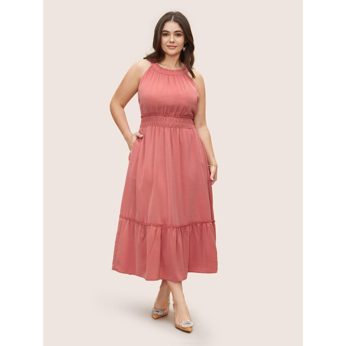 Plus Size Halter Neck Shirred Frill Trim Gathered Dress Watermelon Women Formal Gathered Halter neck Sleeveless Curvy Midi Dress BloomChic 22-24/3X Product Image