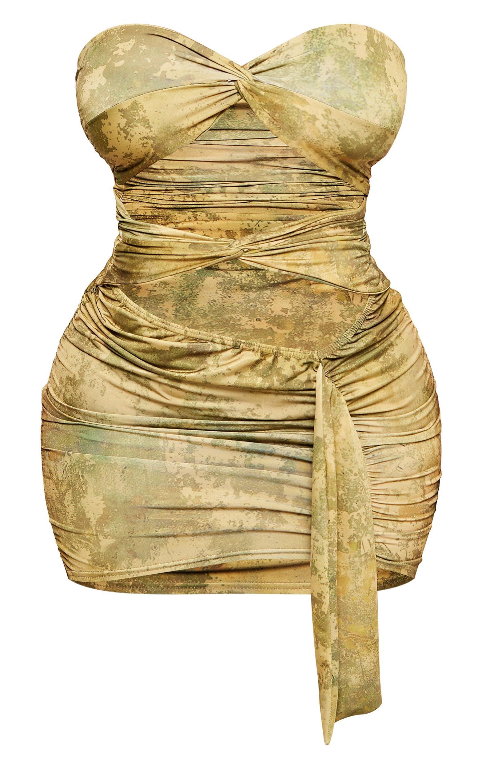 Shape Green Slinky Tie Dye Print Bandeau Twist Front Bodycon Dress Product Image