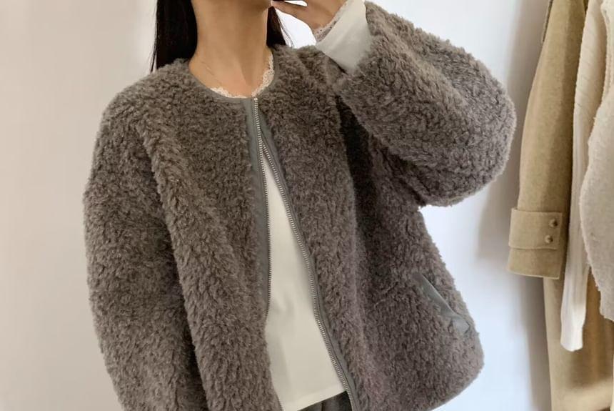 Crew Neck Plain Zip-Up Fleece Jacket Product Image