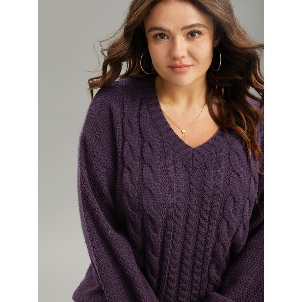 Plus Size Solid Cable Knit V Neck Elastic Cuffs Pullover Eggplant Women Casual Loose Long Sleeve V-neck Everyday Pullovers BloomChic 18-20/2X Product Image