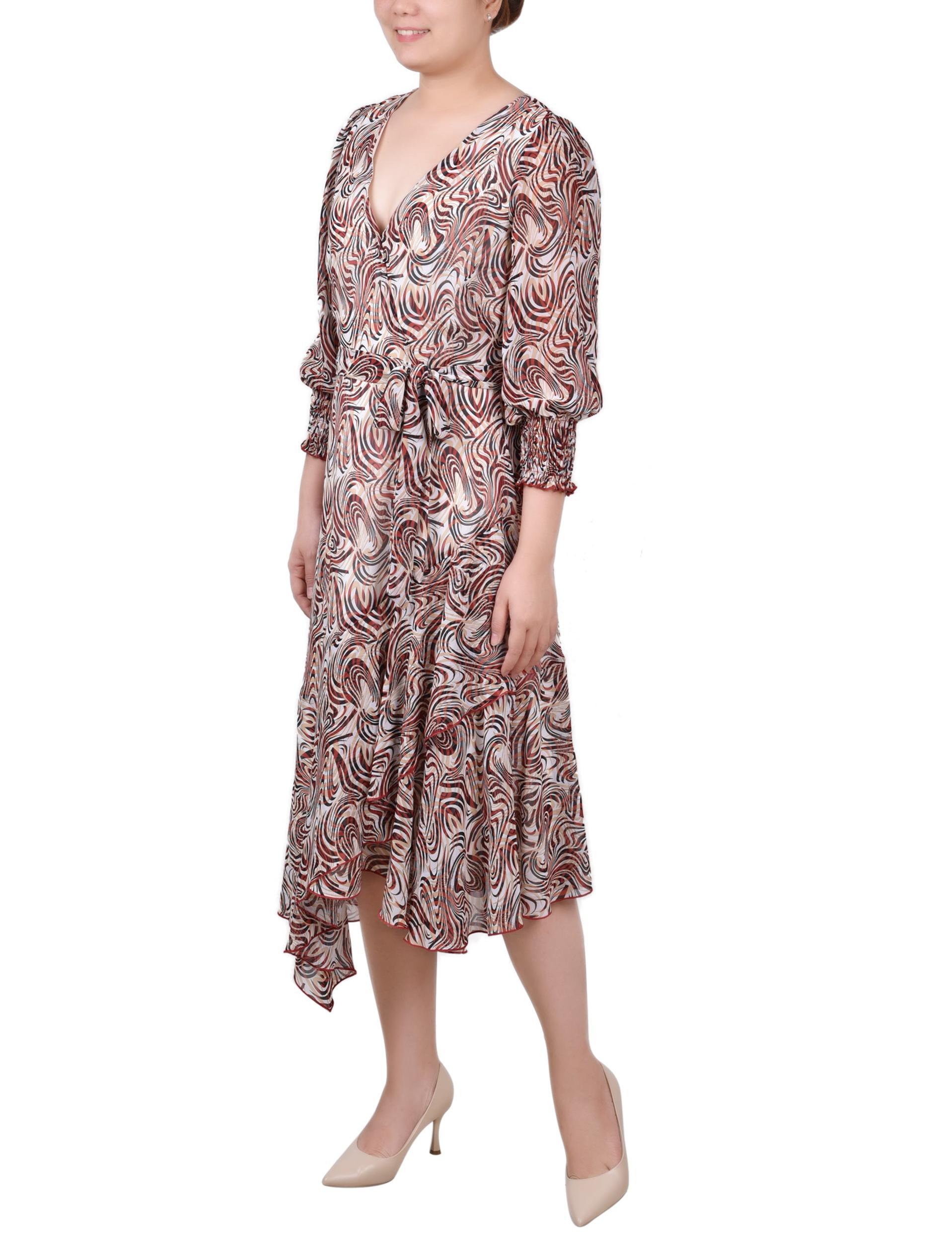 Rust Groovy Waves 3/4 Sleeve Belted Chiffon Hankerchief Hem Dress Product Image
