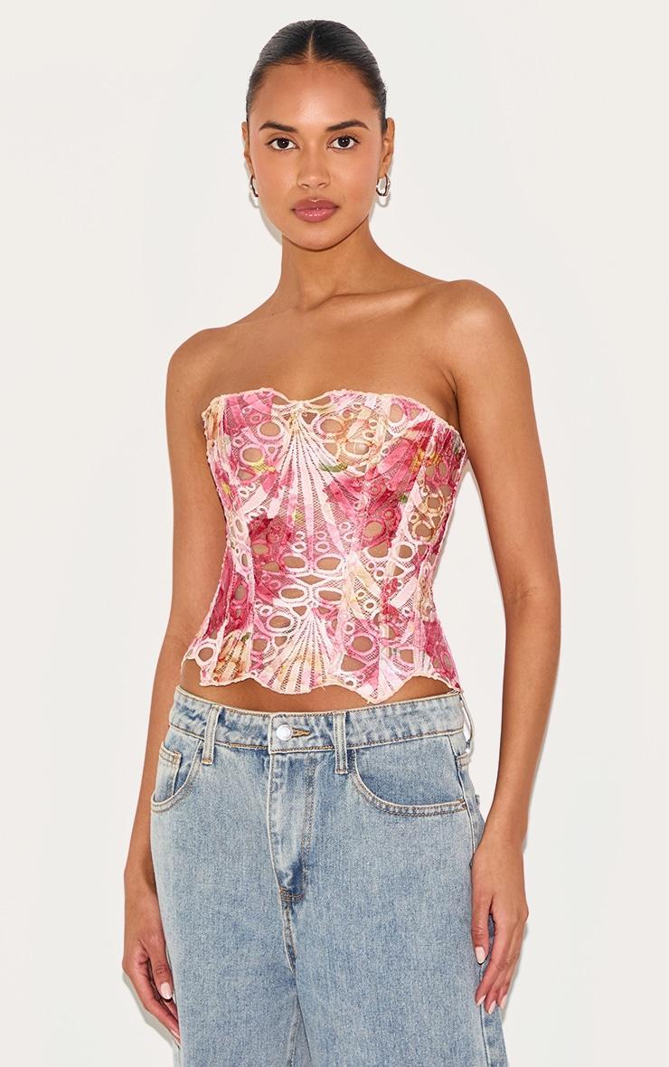 Pink Textured Sheer Floral Lace Corset Product Image
