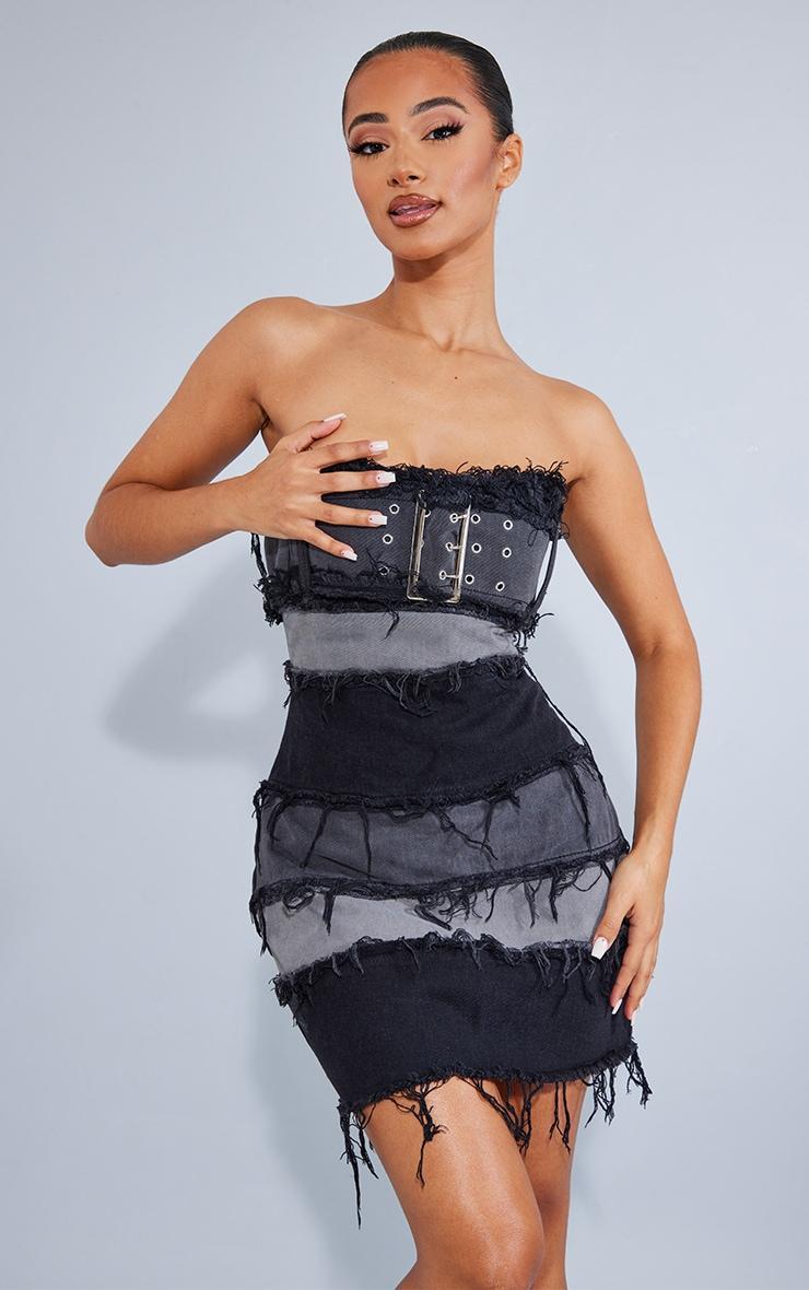 Petite Washed Black Distressed Panel Belted Denim Dress Product Image