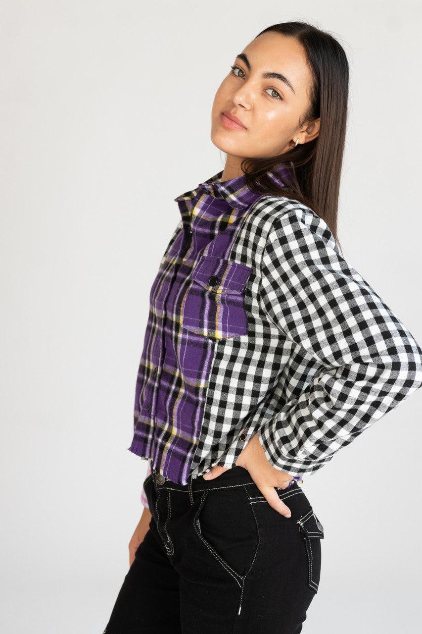 Cropped Patchwork Plaid Flannel Shirt Product Image