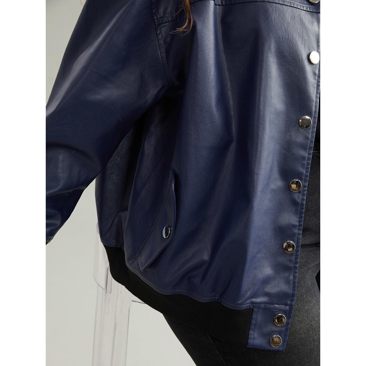 Plus Size PU Patchwork Pocket Button Through Jacket Women Indigo Elastic cuffs Dailywear Jackets BloomChic 10/M Product Image