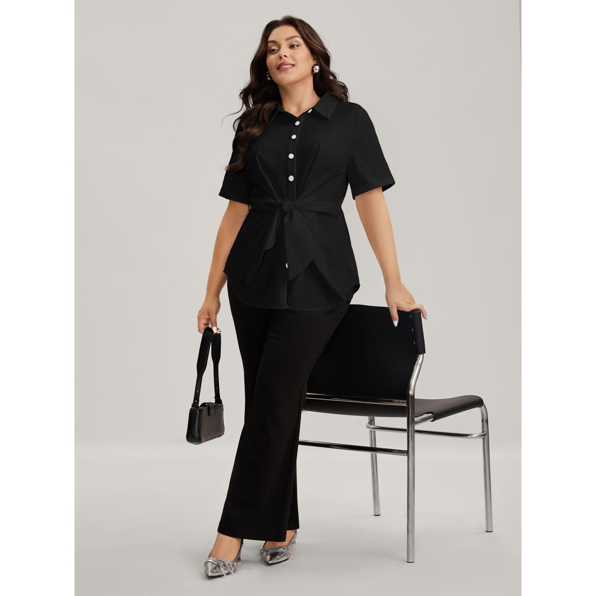 Plus Size Black Knotted Front Asymmetrical Hem Blouse Women Short sleeve Shirt collar Work Blouses BloomChic 12/L Product Image