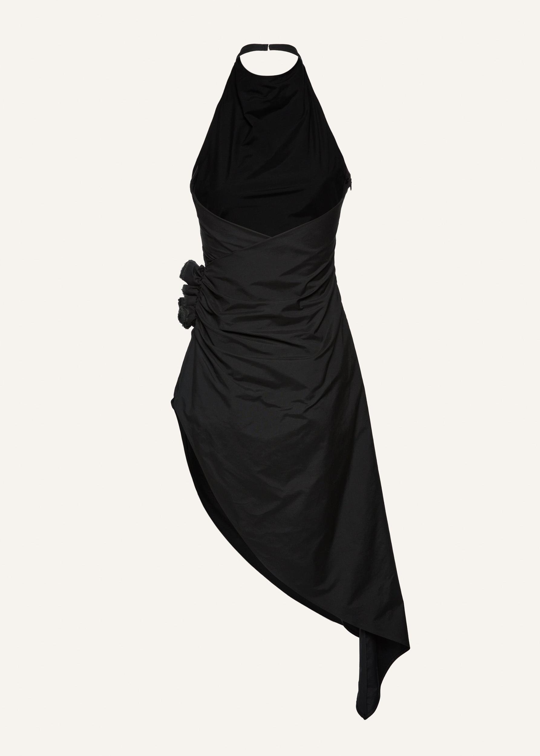 High neck asymmetrical midi dress in black Product Image