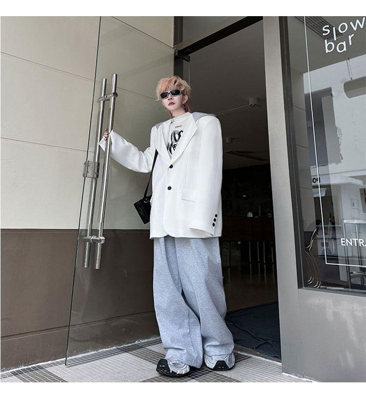 Set: Hooded Button-Up Plain Blazer + High Waist Wide Leg Pants Product Image