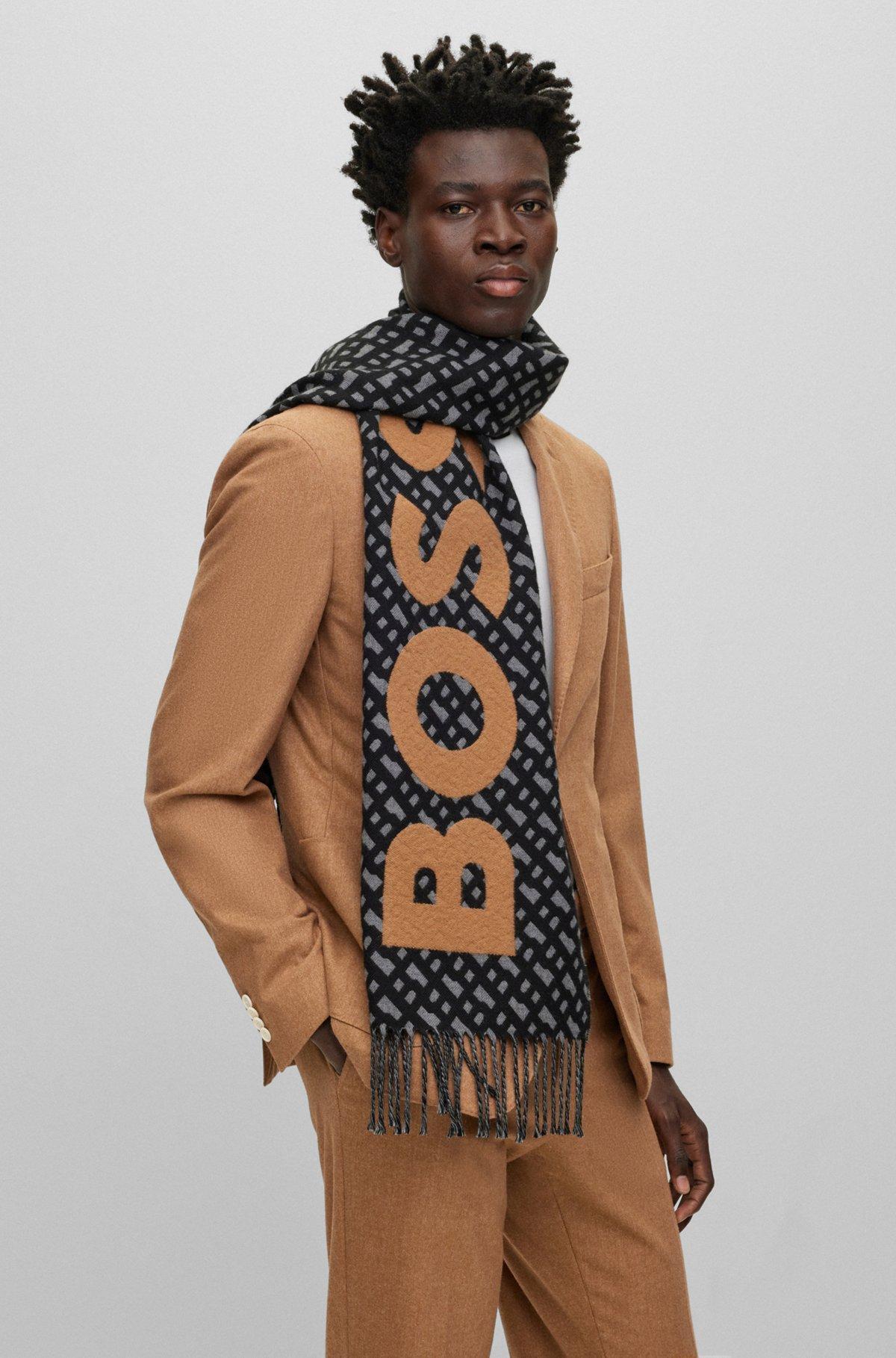 BOSS - Fringed scarf with logo and monograms - Black Product Image
