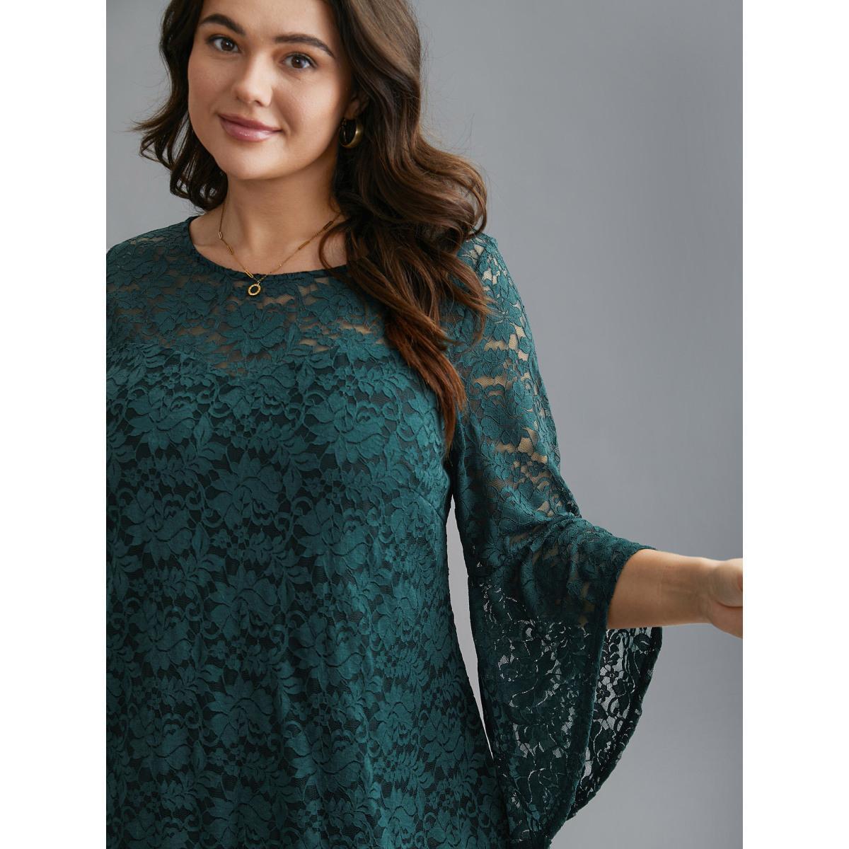 Plus Size DarkGreen Sheer Lace Irregular Sleeve Lined Shirt Women Elegant Long Sleeve Round Neck Everyday Blouses BloomChic 10/M Product Image