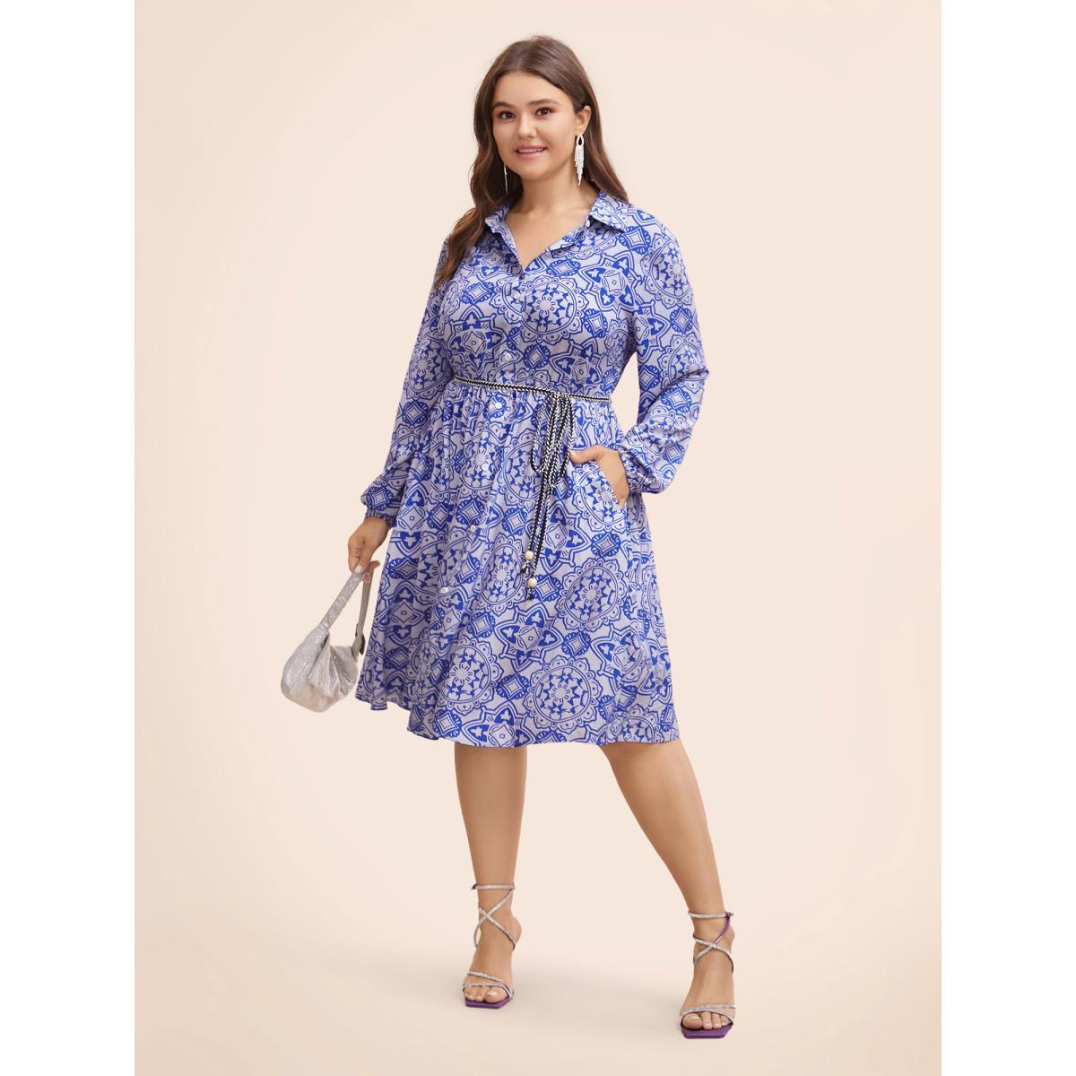 Plus Size Bandana Print Shirt Collar Belted Midi Dress Cerulean Women Cocktail Belted Shirt collar Long Sleeve Curvy BloomChic 26/4X Product Image