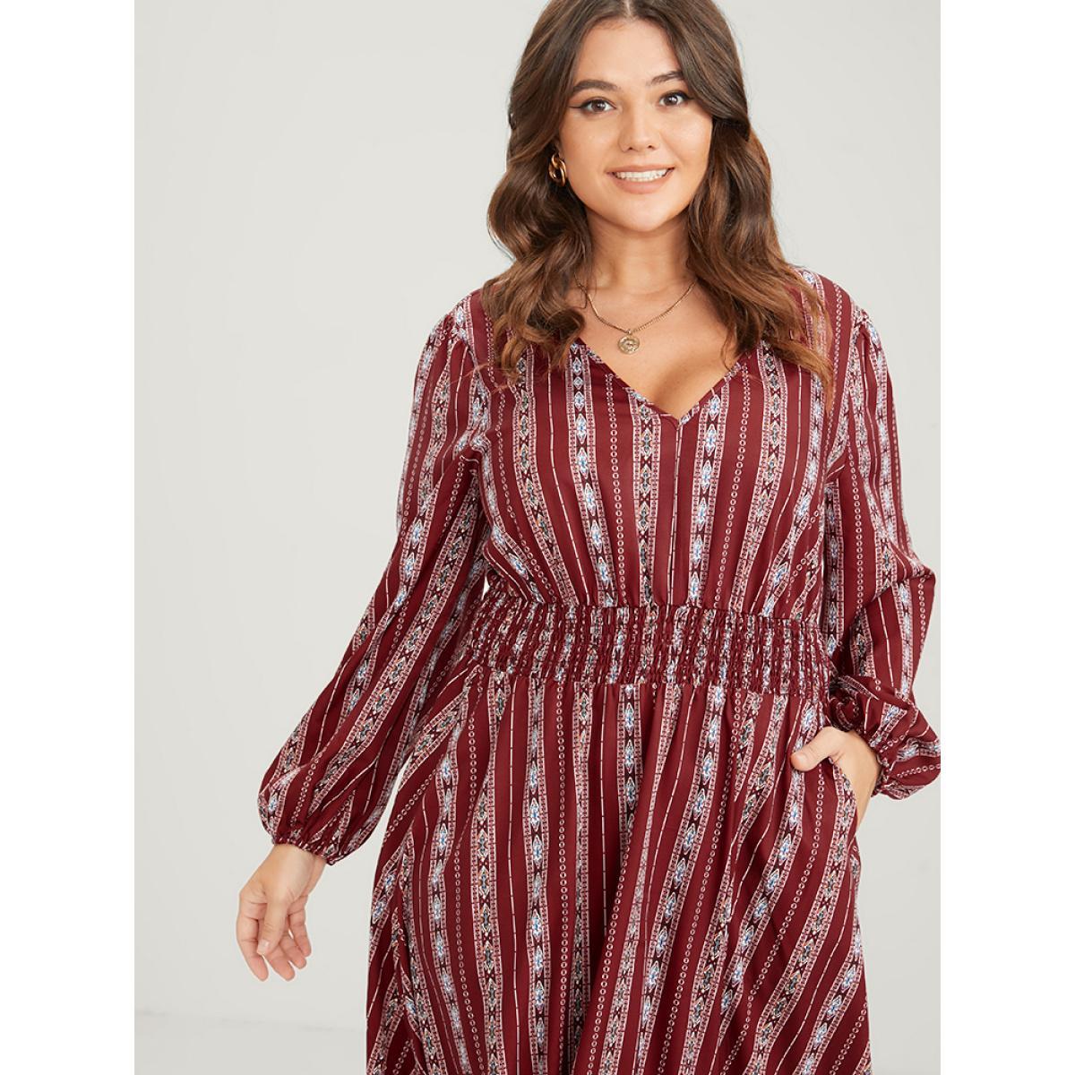 Plus Size Striped Geometric Pocket Lantern Sleeve Shirred Split Dress Red Women Elegant V-neck Long Sleeve Curvy Long Dress BloomChic 22-24/3X Product Image