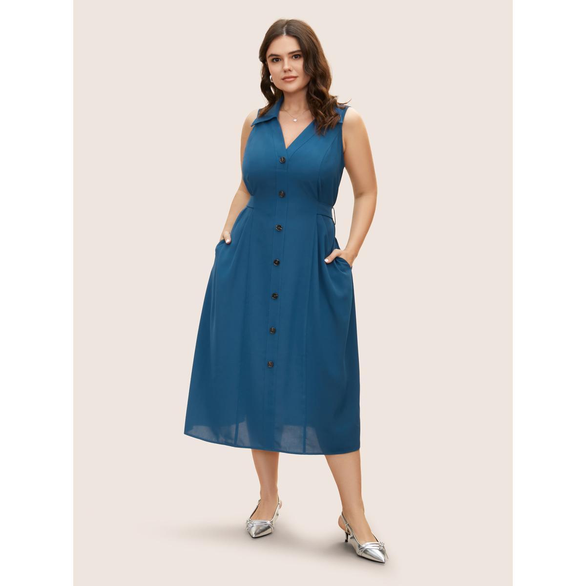 Plus Size Shirt Collar Button Detail Sleeveless Dress Aegean Women At the Office Belted Shirt collar Sleeveless Curvy BloomChic 26/4X Product Image