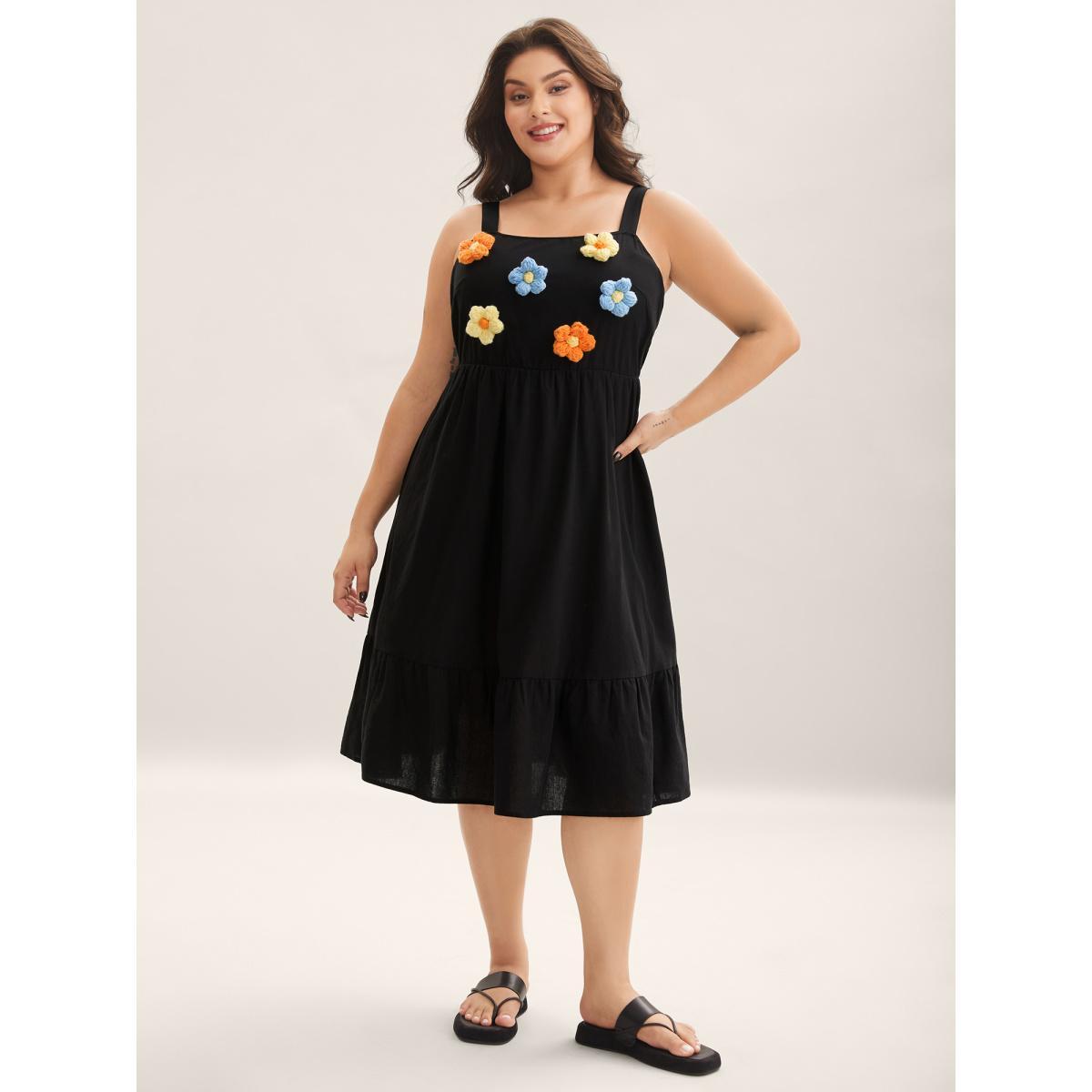 Plus Size Cotton Crochet Floral Stretchy Waist Midi Dress Black Women Non Sleeveless Curvy BloomChic 18-20/2X Product Image
