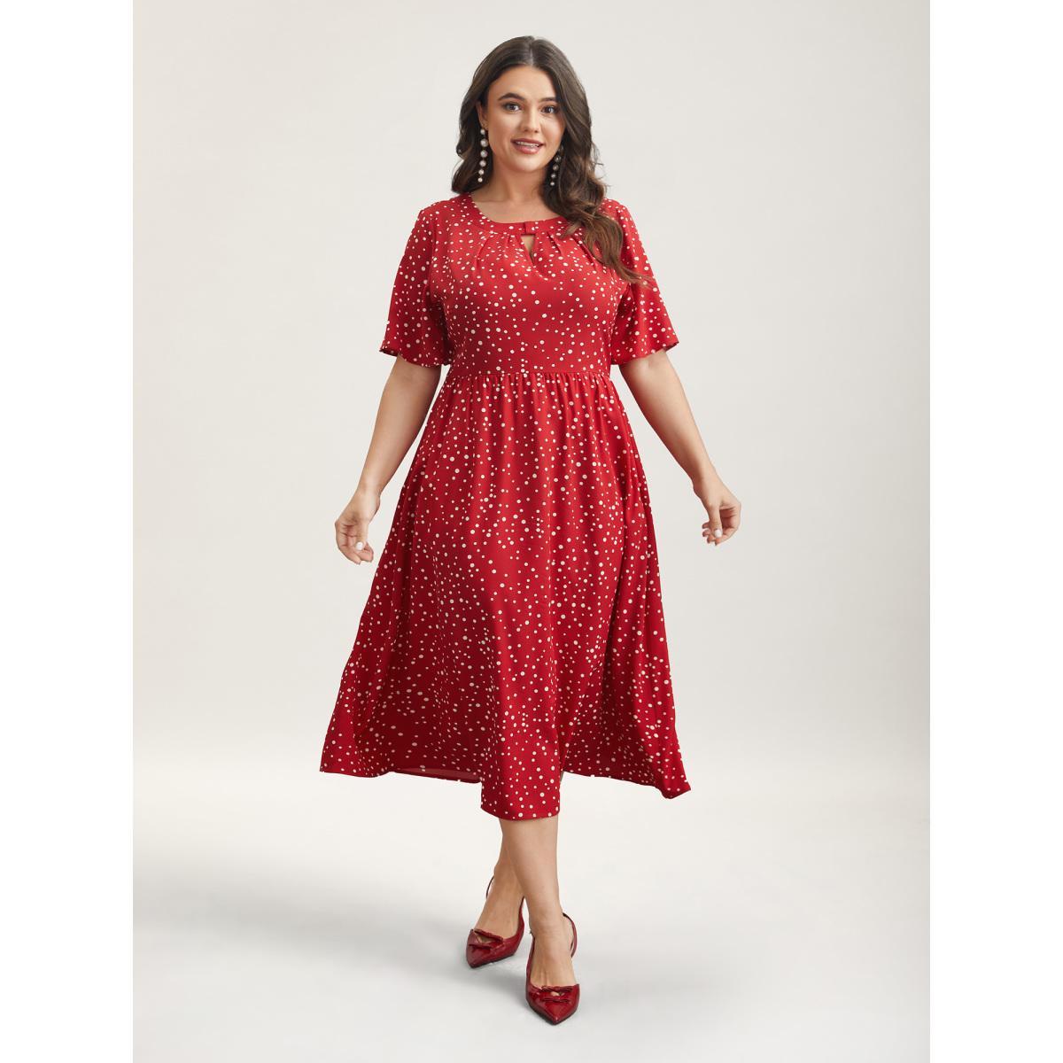 Plus Size Polka Dots Print Cut-Out Flutter Sleeve Midi Dress Scarlet Women Elegant Pleated Round Neck Short sleeve Curvy BloomChic 28/5X Product Image