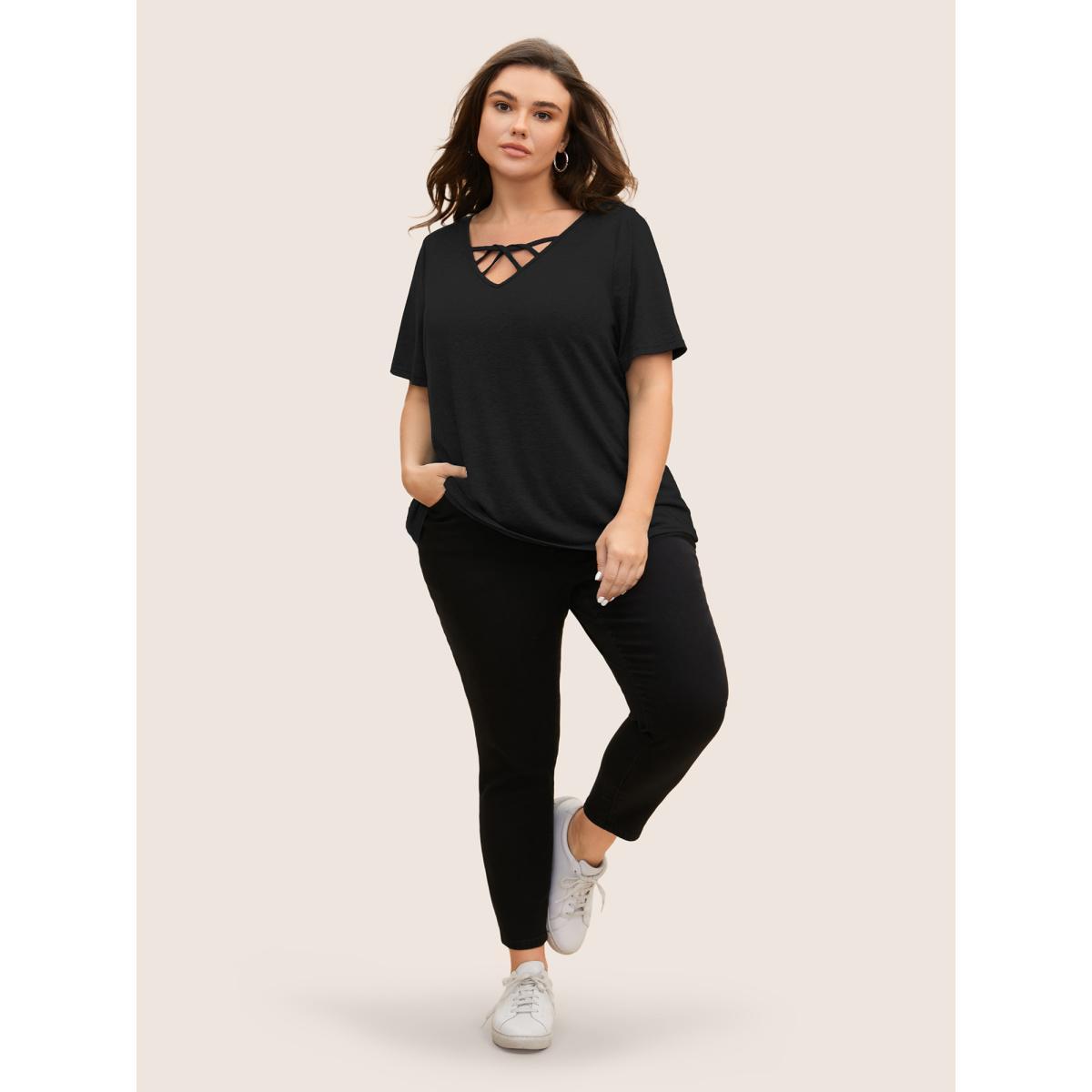 Plus Size Solid Heather Crisscross Medium Stretch T-shirt Black Women Casual Cut-Out V-neck Everyday T-shirts BloomChic 26/4X Product Image