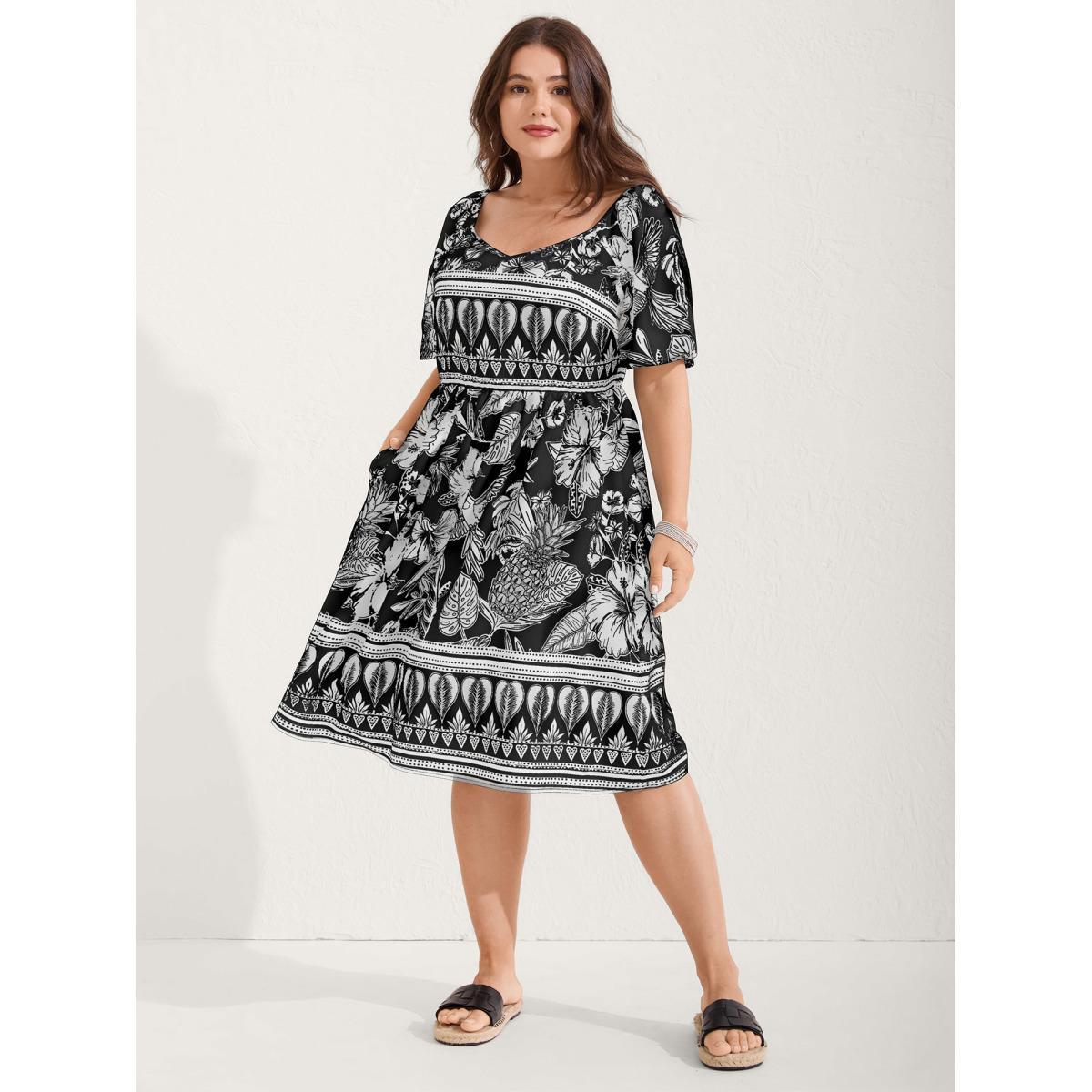 Plus Size Boho Print Fit Flare Pockets Midi Dress Black Women Resort Non Heart neckline Short sleeve Curvy BloomChic 22-24/3X Product Image
