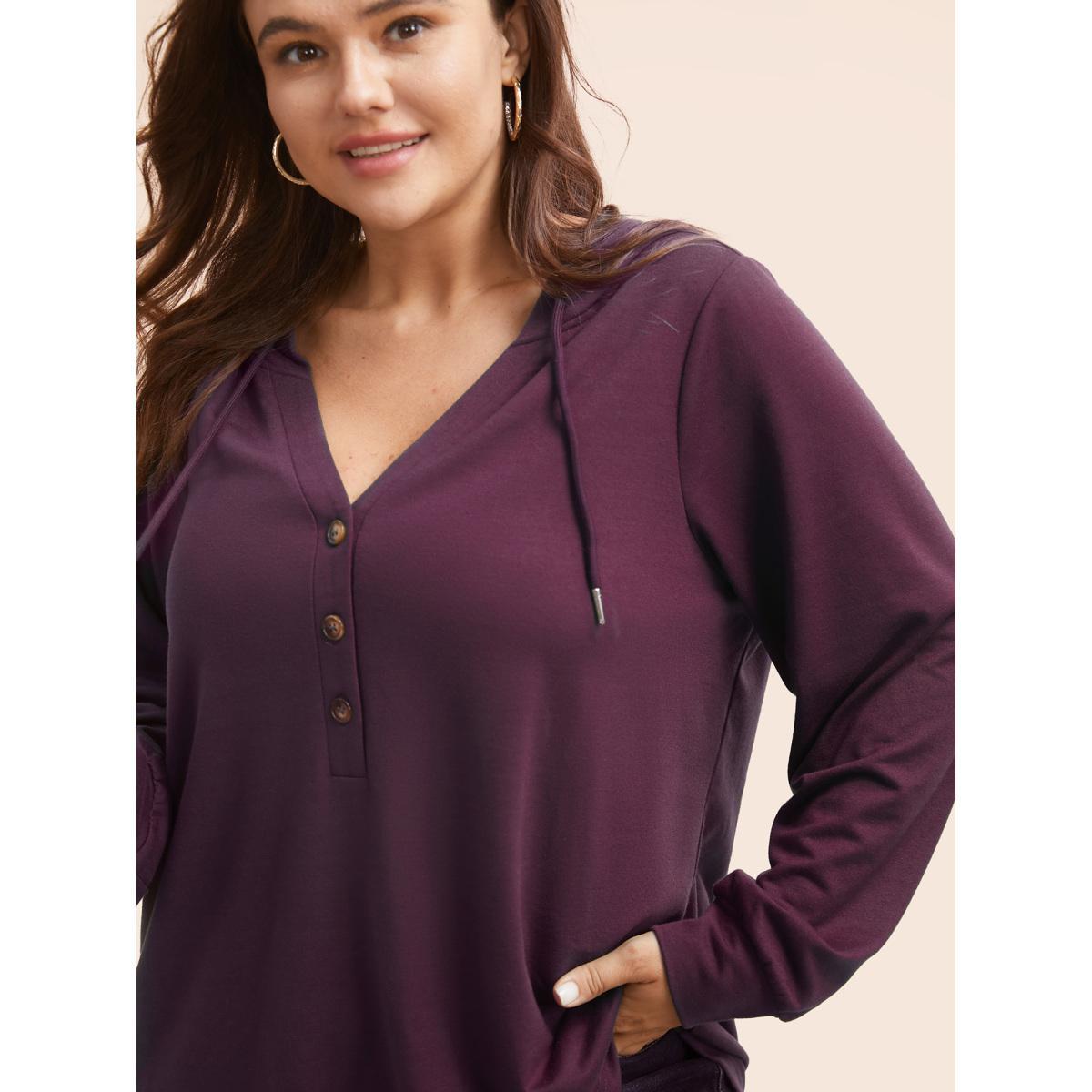 Plus Size Plain Button Up Drawstring Hooded Sweatshirt Women DarkGreen Casual Elastic cuffs Hooded Dailywear Sweatshirts BloomChic 26/4X Product Image