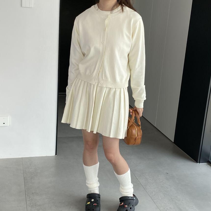 Set: Short-Sleeve Round Neck Plain Knit Top + Mid Waist Plain Mini Pleated Skirt + Round Neck Button Cardigan Product Image