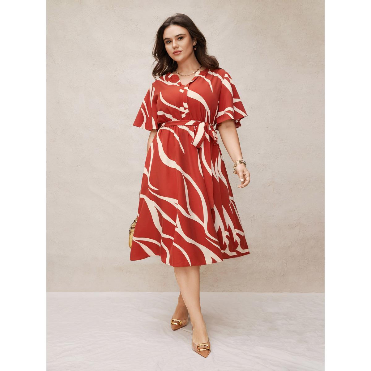 Plus Size Geometric Surplice Neck Tie Knot Midi Dress Rust Women At the Office Belted Flat collar with V-notch Short sleeve Curvy BloomChic 28/5X Product Image