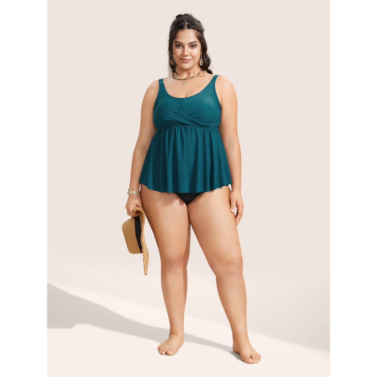 Plus Size U Neck Plain Crossover Gathered Swim Top Women's Swimwear Cyan Beach Twist High stretch Bodycon U-neck Curve Swim Tops BloomChic 14-16/1X Product Image