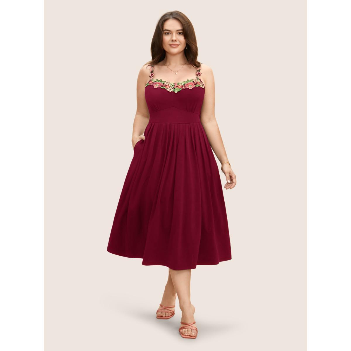 Plus Size Floral Embroidered Pocket Midi Cami Dress Burgundy Women Elegant Embroidered Heart neckline Sleeveless Curvy BloomChic 30/6X Product Image