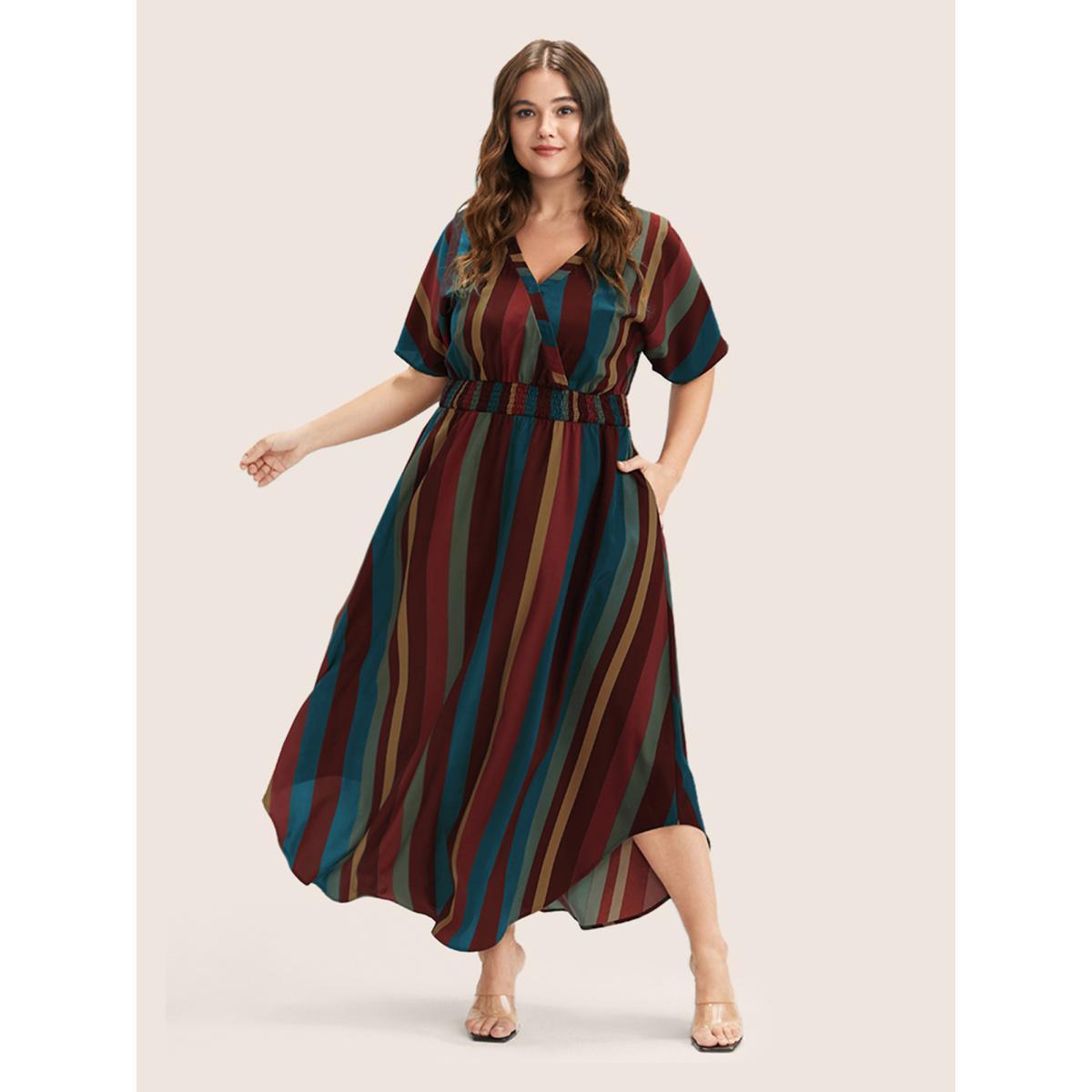 Striped Patchwork Plus Size Women Elegant Dress Regular Dolman Half Sleeve V Neck Pocket Vacation Dresses BloomChic Product Image