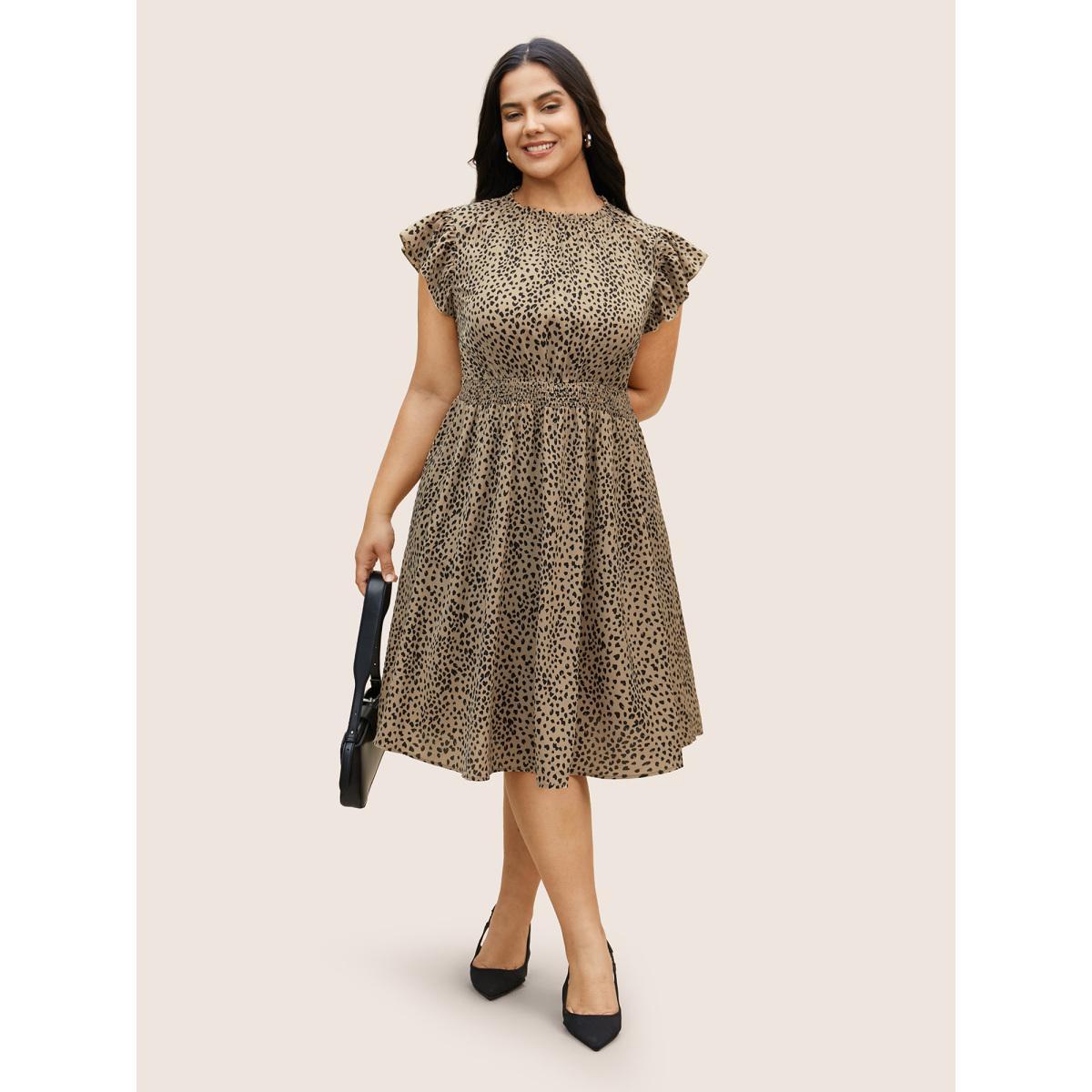 Plus Size Leopard Print Frill Trim Cap Sleeve Dress Bronze Women At the Office Round Neck Cap Sleeve Curvy BloomChic 22-24/3X Product Image