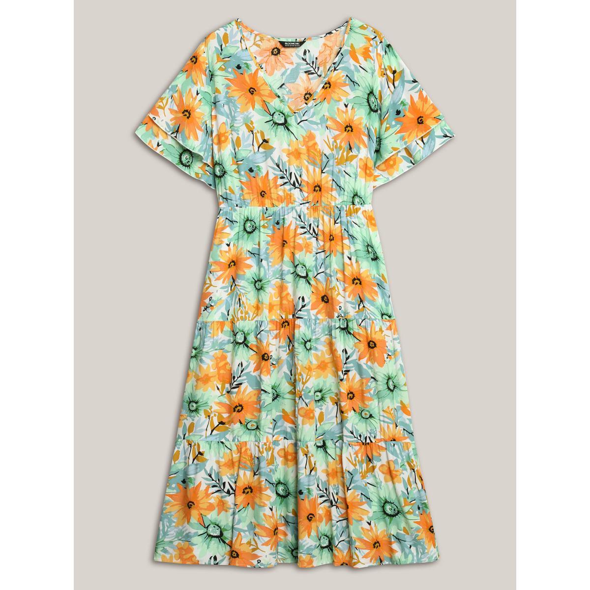 Plus Size Floral Print Rayon Pockets Tiered Midi Dress Beige Women V-neck Short sleeve Curvy BloomChic 12/L Product Image