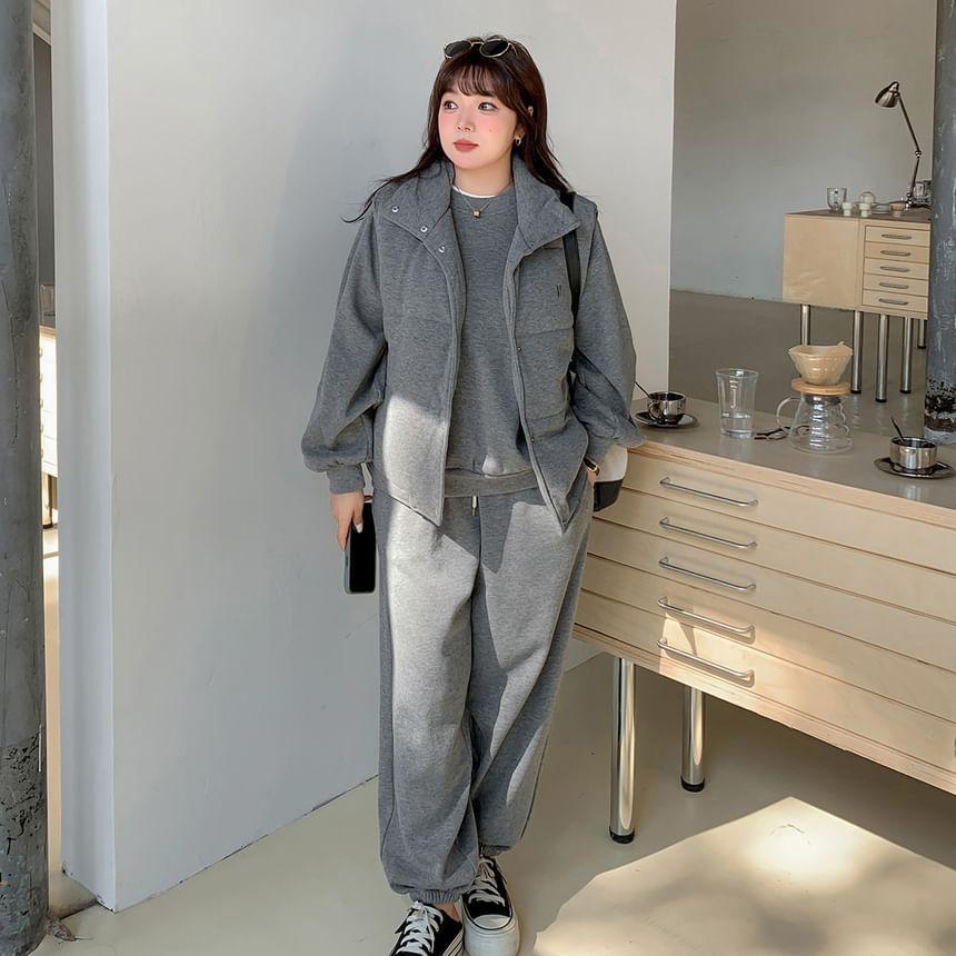 Plus Size Letter Embroidered Single-Breasted Vest / Round Neck Sweatshirt / Drawstring Waist Harem Pants / Set Product Image