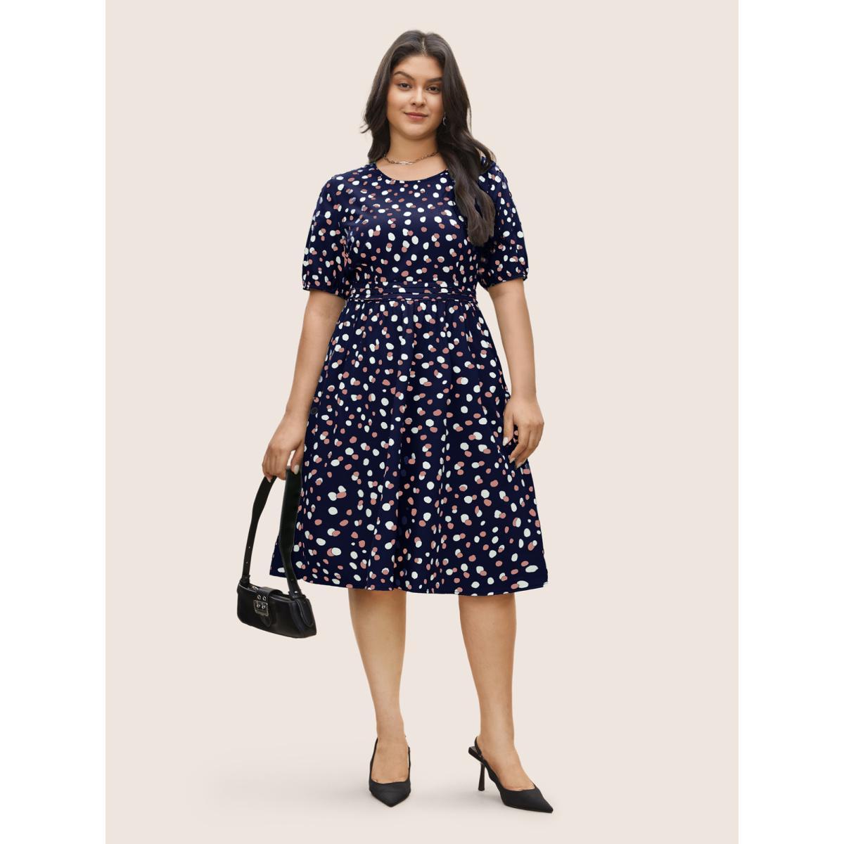 Plus Size Allover Print Pleated Lantern Sleeve Dress Indigo Women Elegant Non Round Neck Short sleeve Curvy Midi Dress BloomChic 18-20/2X Product Image