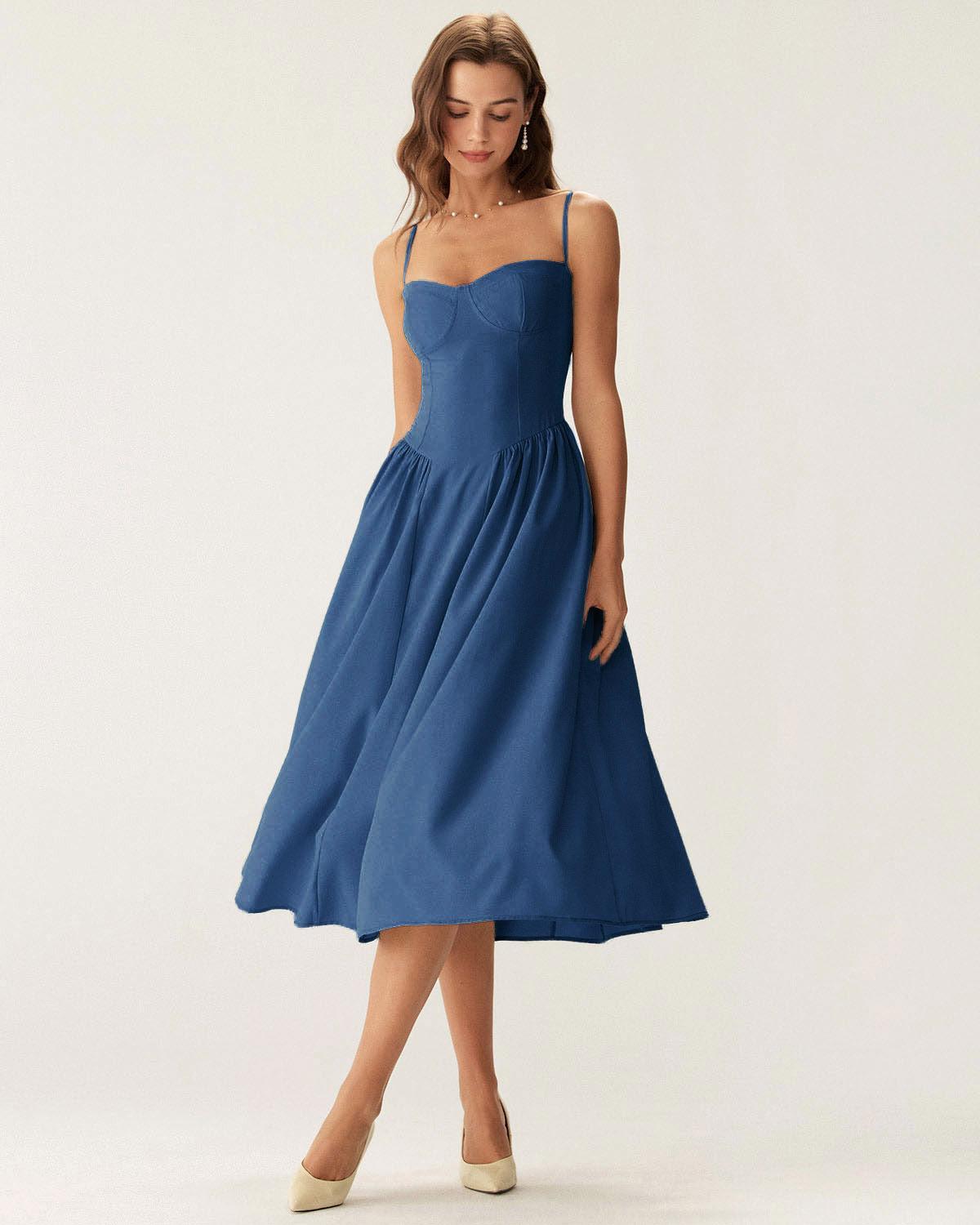 Navy Square Neck Pocket Slip Midi Dress Product Image