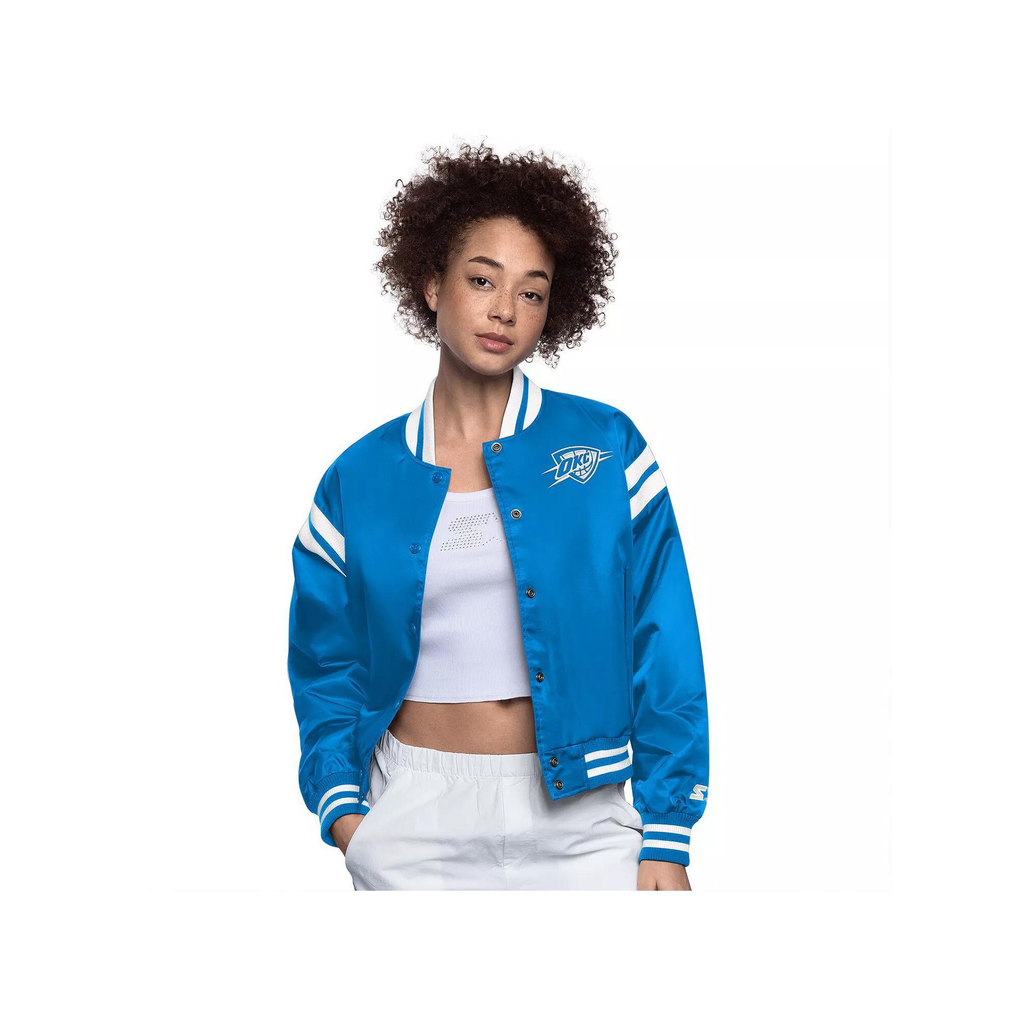 Women's Starter Blue/White Oklahoma City Thunder Full Count Satin Full-Snap Varsity Jacket, Size: Small Product Image