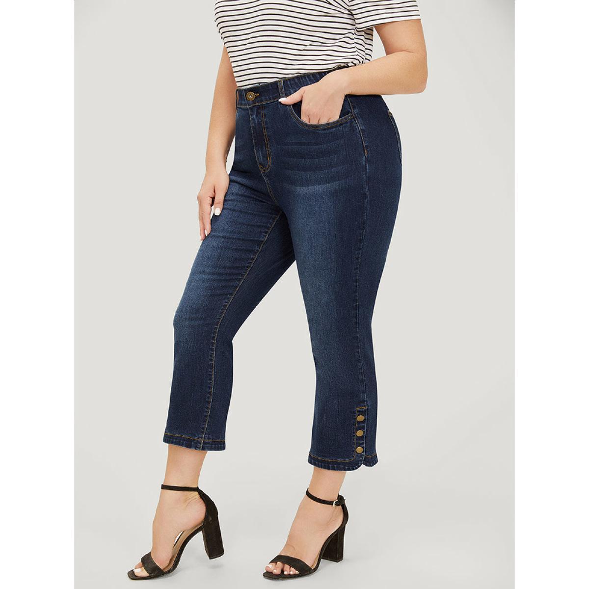 Plus Size Bootcut Very Stretchy High Rise Dark Wash Button Side Jeans Women Midnight Casual Plain Button High stretch Pocket Jeans BloomChic 24/3X Product Image