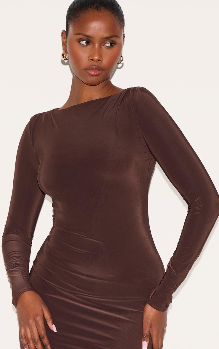 Chocolate Slinky Long Sleeve Mini Dress Product Image