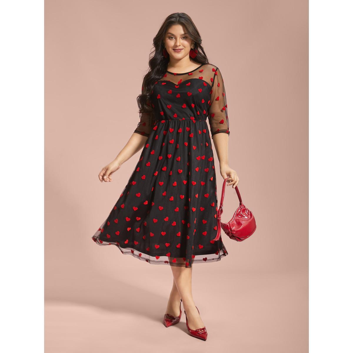 Plus Size Flocking Heart Mesh Patchwork Midi Dress Black Women Cocktail Texture Party Curvy Bloomchic 14-16/1X Product Image
