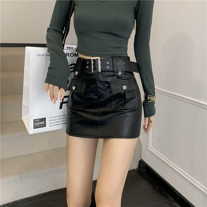 High Waist Plain Faux Leather Mini Pencil Skirt Product Image