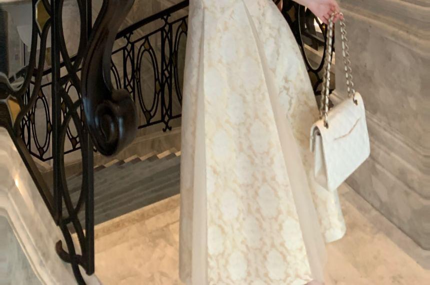 Spaghetti Strap V-Neck Pattern Jacquard Fringed Maxi A-Line Dress / Plain Faux Pearl Accent Long Cardigan / Set Product Image