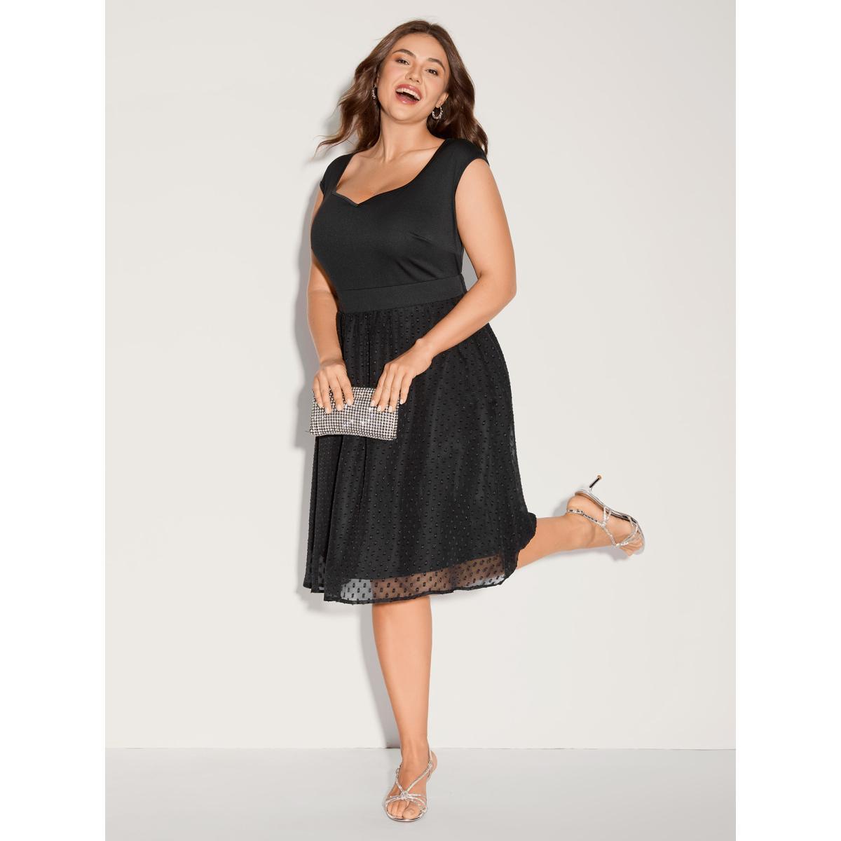 Plus Size Textured Sweetheart Neckline Midi Dress Black Women Texture Heart neckline Cap Sleeve Curvy BloomChic 12/L Product Image