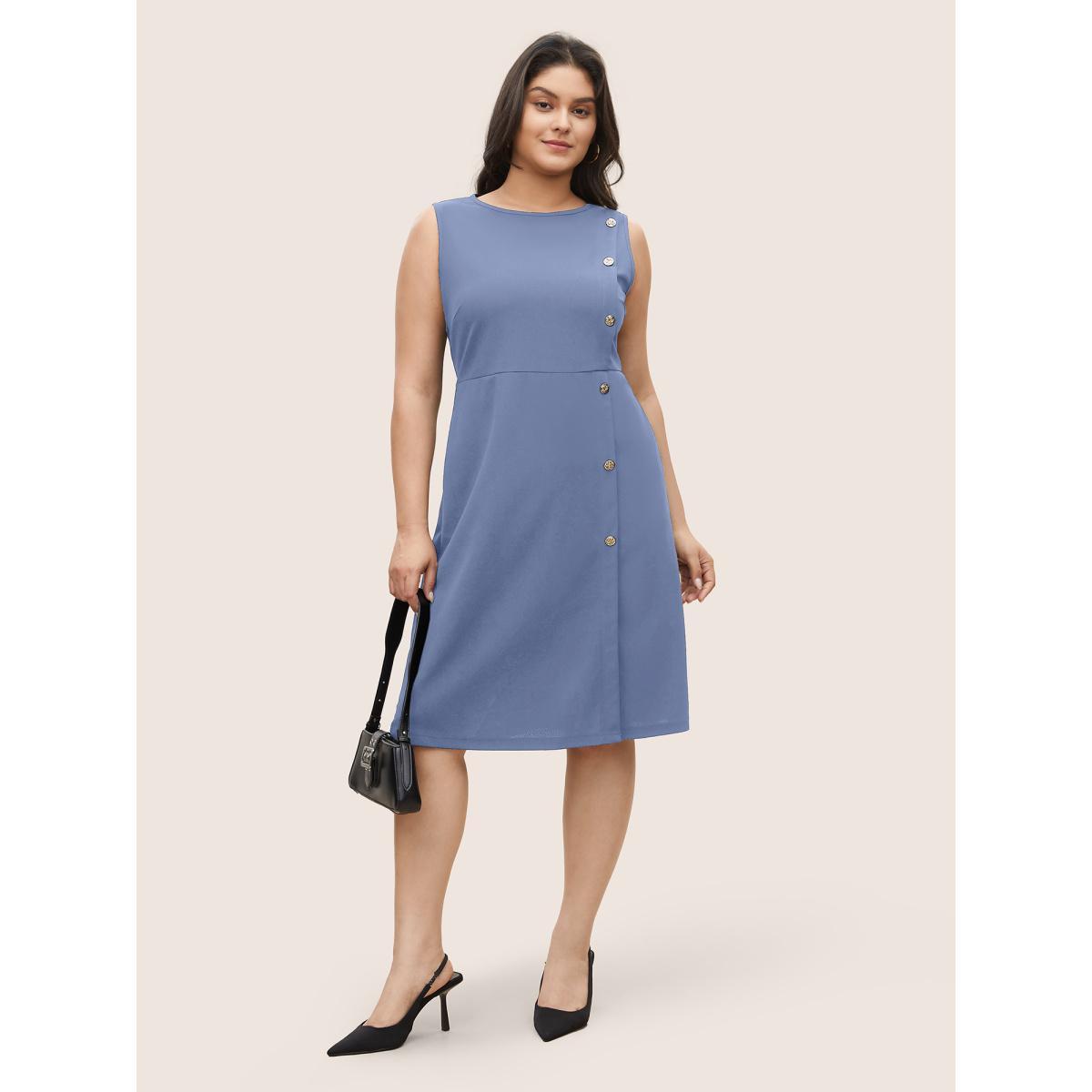 Plus Size Plain Sleeveless Button Detail Pocket Dress Stone Women Workwear Essentials Non Round Neck Sleeveless Curvy Midi Dress BloomChic 22-24/3X Product Image