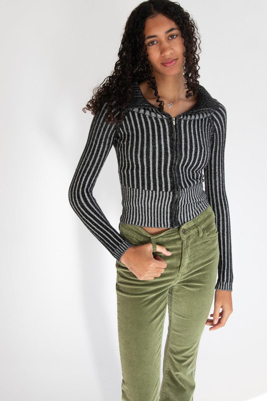 Fold Over Collar Ribbed Zip Up Sweater Product Image