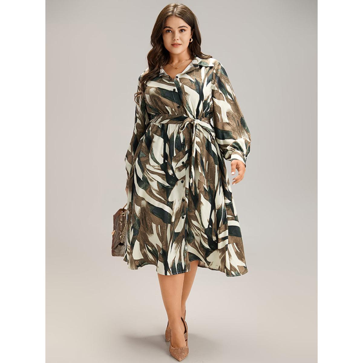 Plus Size Colorblock Contrast Belted Button Through Dress Multicolor Women At the Office Belted Shirt collar Long Sleeve Curvy Midi Dress BloomChic 30/6X Product Image