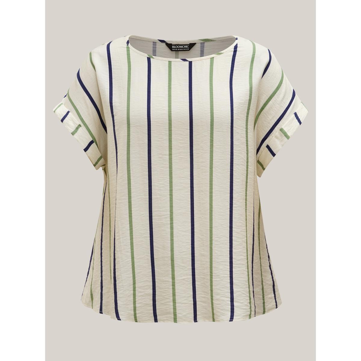 Plus Size Colorful Stripes Flowy Loungewear Set Women Multicolor Roll Hem Short sleeve Boat Neck Loungewear Sets BloomChic 30/6X Product Image
