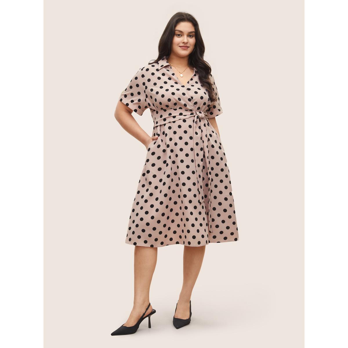 Plus Size Polka Dot Elastic Waist Ties Pocket Dress Pink Women At the Office Non Lapel Collar Short sleeve Curvy Midi Dress BloomChic 14-16/1X Product Image